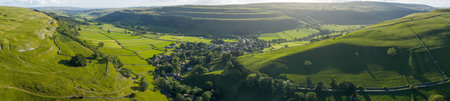 Drone aerial view of Kettlewell and the surrounding Yorkshire Dales countryside.