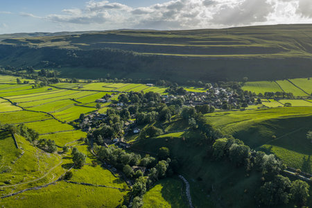 Drone aerial view of Kettlewell village in the Yorkshire Dales.の写真素材