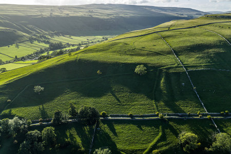 Drone aerial view of Kettlewell village in the Yorkshire Dales.