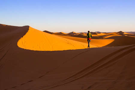 Woman walking on top of a sand dune in Merzougaの写真素材