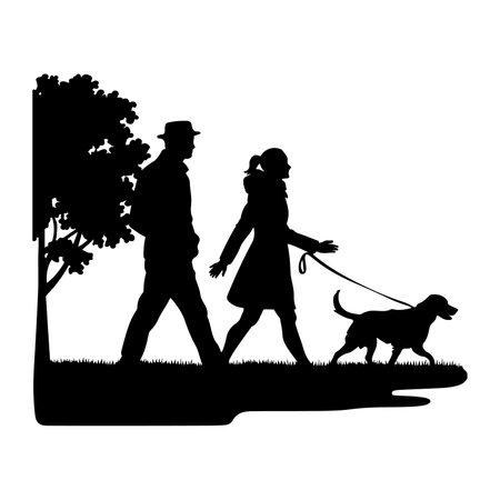silhouette of couple with a dogのイラスト素材
