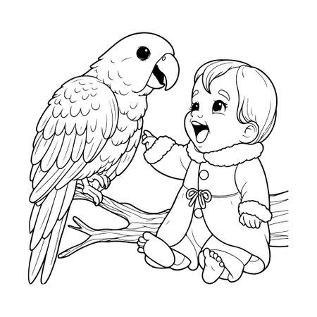 a parrot and a child, sketch art vectorのイラスト素材