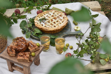 Apple pie on a wooden background, selective focusの写真素材