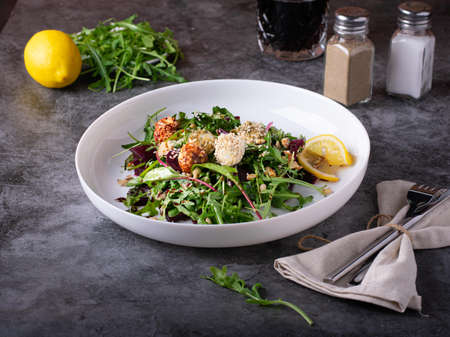 Arugula Salad with Fried Gorgonzola with indredients. healthy food.の写真素材