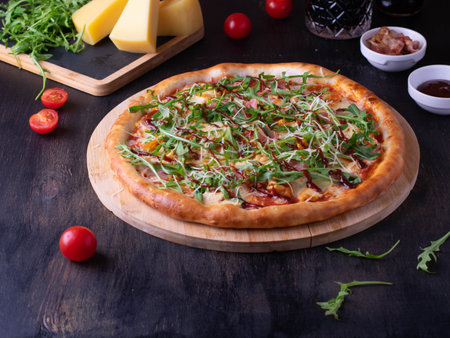 Italian Pizza with Parma ham and arugula cherry tomatoes and bacon on a wooden backgroundの写真素材