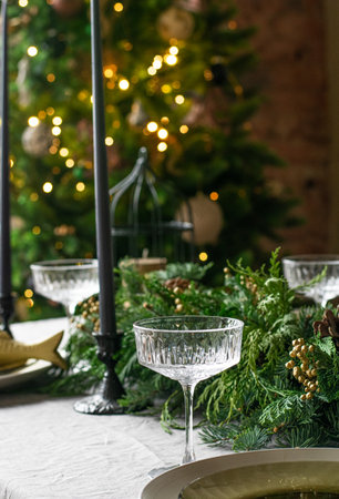 Festive christmas table setting with champain glasses. Restaraunt menuの写真素材