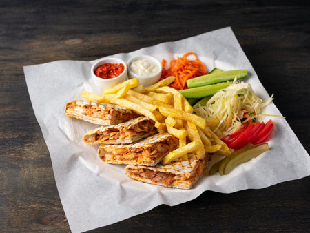 Mexican quesadilla with chicken, cheese and peppers on wooden table.