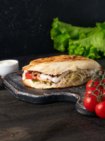 Pita with roasted chicken and vegetables on wooden background. Vertical