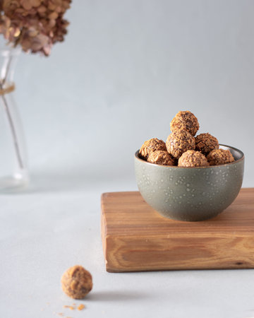 Homemade chocolate truffles with cocoa powder. close-up view. Tasty sweet chocolate truffles