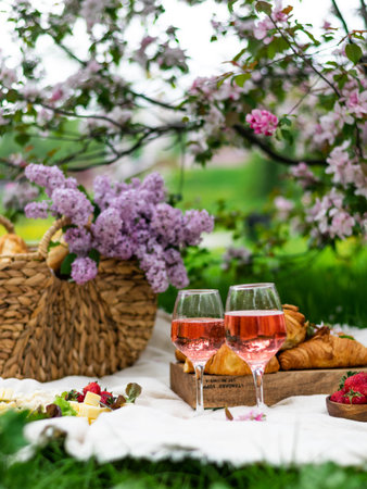 Closeup of two glass of rose wine , picnic basket, croissants, food and flowers on the grass. Banner
