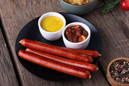Assorted grilled sausages with sauerkraut on wooden background