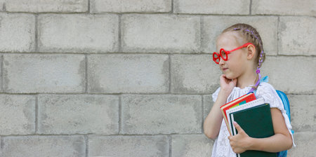 a girl with pigtails with blond hair in glasses with books in her hands on a background of a gray brick wall stands in thought, the concept of school life, bannerの写真素材