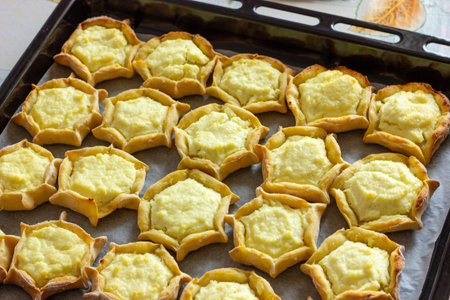 baked cheesecakes with cottage cheese on a baking sheet, aromatic homemade cakes