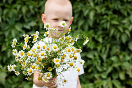 funny boy with a bouquet of daisiesの写真素材