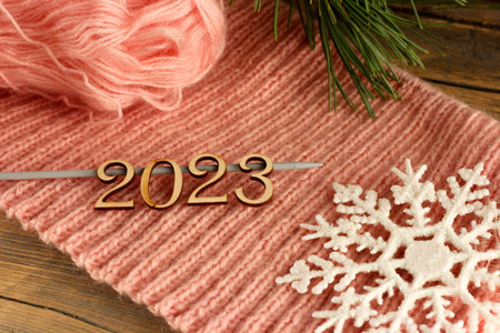 happy new year, 2023 on a peach background of a knitted sweater and a branch of a christmas tree, delicate card.の写真素材