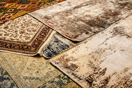 Carpet Texture, abstract ornament. Round mandala pattern, Middle Eastern Traditional Carpet Fabric Texture. Turquoise milky blue gray brown yellow coloredの写真素材