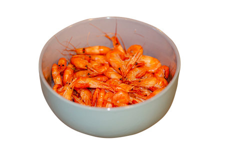 a bowl of shrimp isolated on a white background good for collagesの写真素材