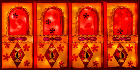 Vintage stained glass window on a red background. Illustration.の写真素材