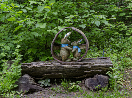 recreation center in the forest in the foreground a picturesque composition of two hares.の写真素材