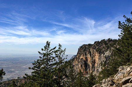 view of the valley from the top of the mountains in Cyprus in the foreground a forest on the slope of the mountainsの写真素材