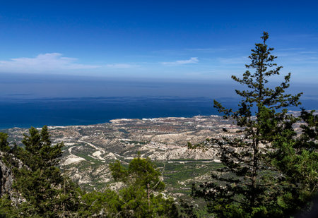 view of the valley from the top of the mountains in Cyprus in the foreground a forest on the slope of the mountainsの写真素材