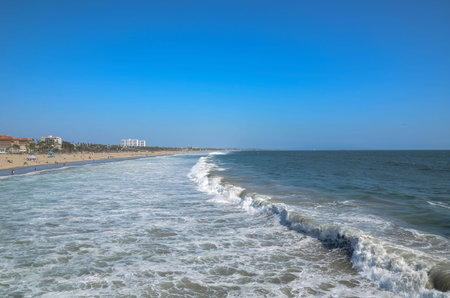 USA California Los Angeles Santa Monica District May 13, 2023 view of the beach in Santa Monica from the pierの写真素材