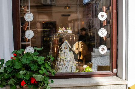 Ukraine Lviv April 28, 2023 gingerbread house in the window of a cafe on the streets of Lvivのeditorial素材