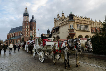 Beautiful horses with carriages against the backdrop of historical buildings in the city center on a winter day. Christmas celebration. Folk festivities.のeditorial素材