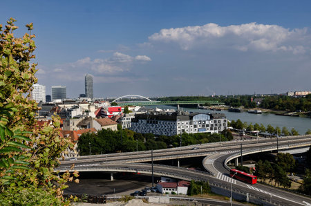 Bratislava landscape view from the road junction near the Danube river.