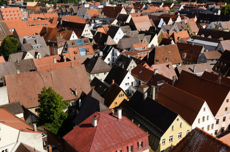 red roofs of the medieval town of Memmingen in Germany. view from the church bell tower
