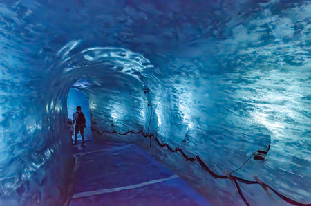 ice cave on a glacier tunnels cut into the thickness of the ice attraction for tourists.