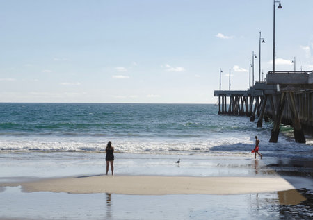 Venice Beach, California, America People walk along the beach at sunset, reflected in the water, rolled by the waves.の写真素材