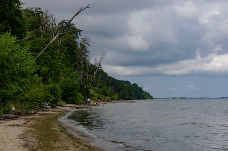 Poland Gdynia beach Bubble Doli August 10, 2025 Peaceful coastline with soft waves, empty sandy shore and calm sea atmosphere for travel conceptsのeditorial素材