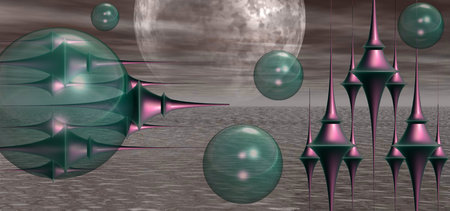 Fantastic 3D illustration.Marine landscape with alien system and balls.の写真素材