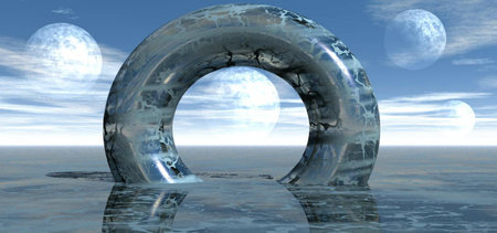 Fantastically beautiful 3D illustration of a sea landscape with the arch in the middle of the ocean.の写真素材