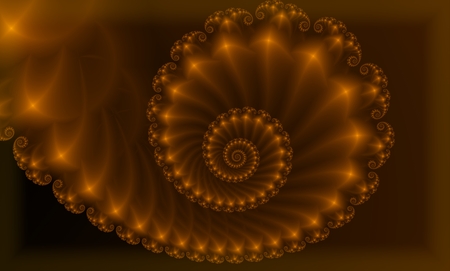 Computer generated 3D fractal.Golden spiral twisted swirl on a gold background.の写真素材