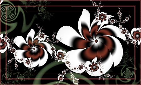 Computer generated 3D fractal picture.Flowers in white and brown colors on a dark background.の写真素材