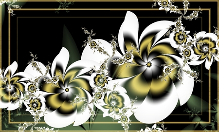 Computer generated 3D fractal picture.Flowers in white and yellow on a dark background.の写真素材