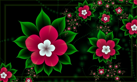 Digital fractal 3D design.Flower card.Red flowers with white center on black background with green beads.の写真素材