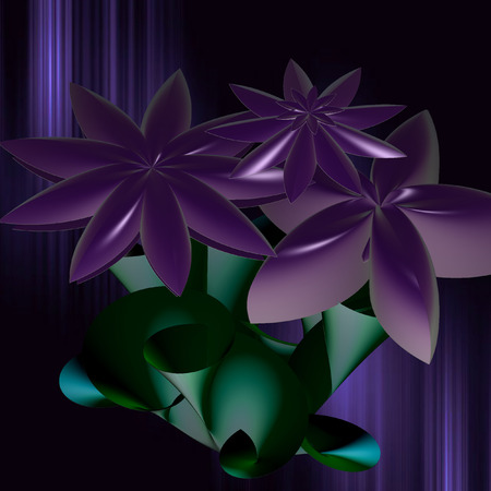 Computer generated 3D fractal.Purple flowers on a green stem.Flower card on a purple background.の写真素材