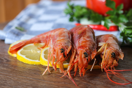 Large shrimps with lemonの写真素材