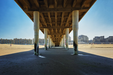 Under the Scheveningen pier overlooking the North Sea, Scheveningen, the Netherlands.の写真素材