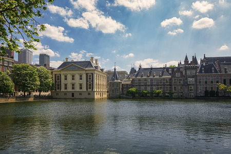 May 12, 2016, the Hofvijver in The Hague in the Netherlands, 
on the background
the Mauritshuis museum and the little tower, the office of the Dutch Prime Ministerのeditorial素材