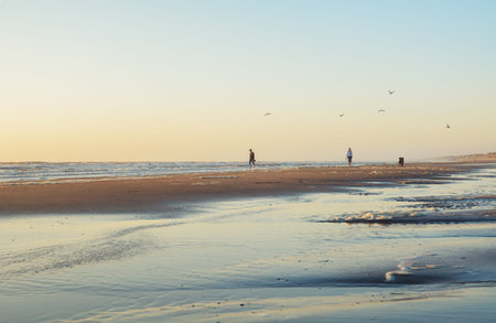 Evening beach with people watching the sunset.の写真素材