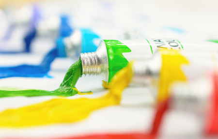 Colorful water colour in tubes on a white backgroundの写真素材