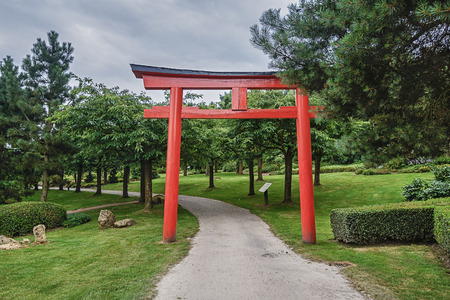 Landgraaf, The Netherlands - July 12, 2016: Parc Mondo Verde a picture of a torii, a traditional Japanese gate most comm only found at the entrance of or within a Shinto shrine.のeditorial素材