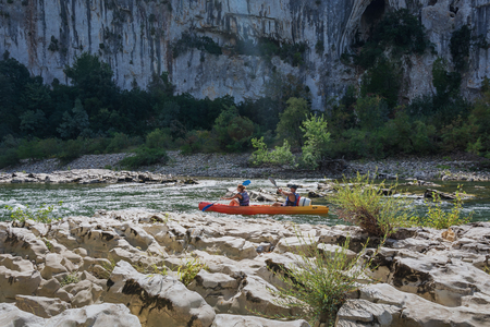 Pont d'Arc, France - September 19, 2016: Kayakers on the river Ardeche in France.のeditorial素材