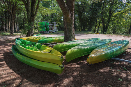 Place to rent kayaks along the river Ardeche, France.の写真素材