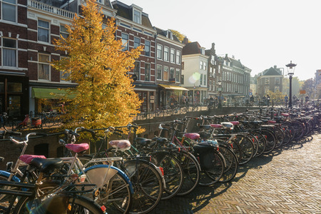 Utrecht, Netherlands - October 23, 2016: Bicycles parked along the Old Canal in the historic center of the city of Utrechtのeditorial素材