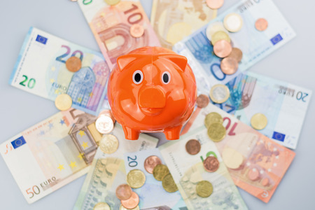 Piggy bank watching a stack of Euro banknotes and coins.の写真素材